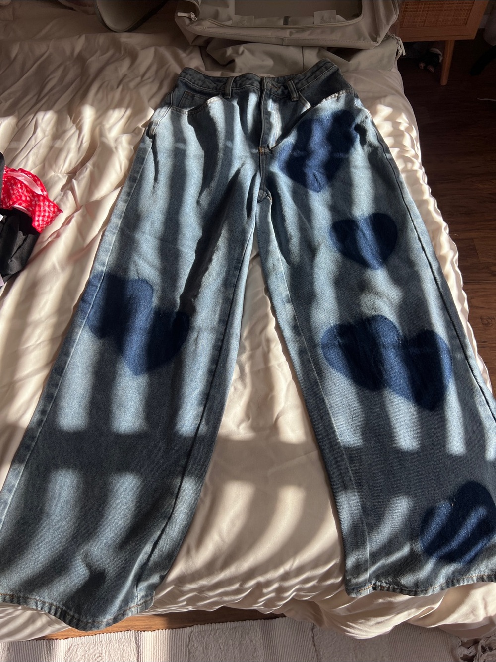 Vici Light Wash Wide Leg Jeans with Navy Heart Prints